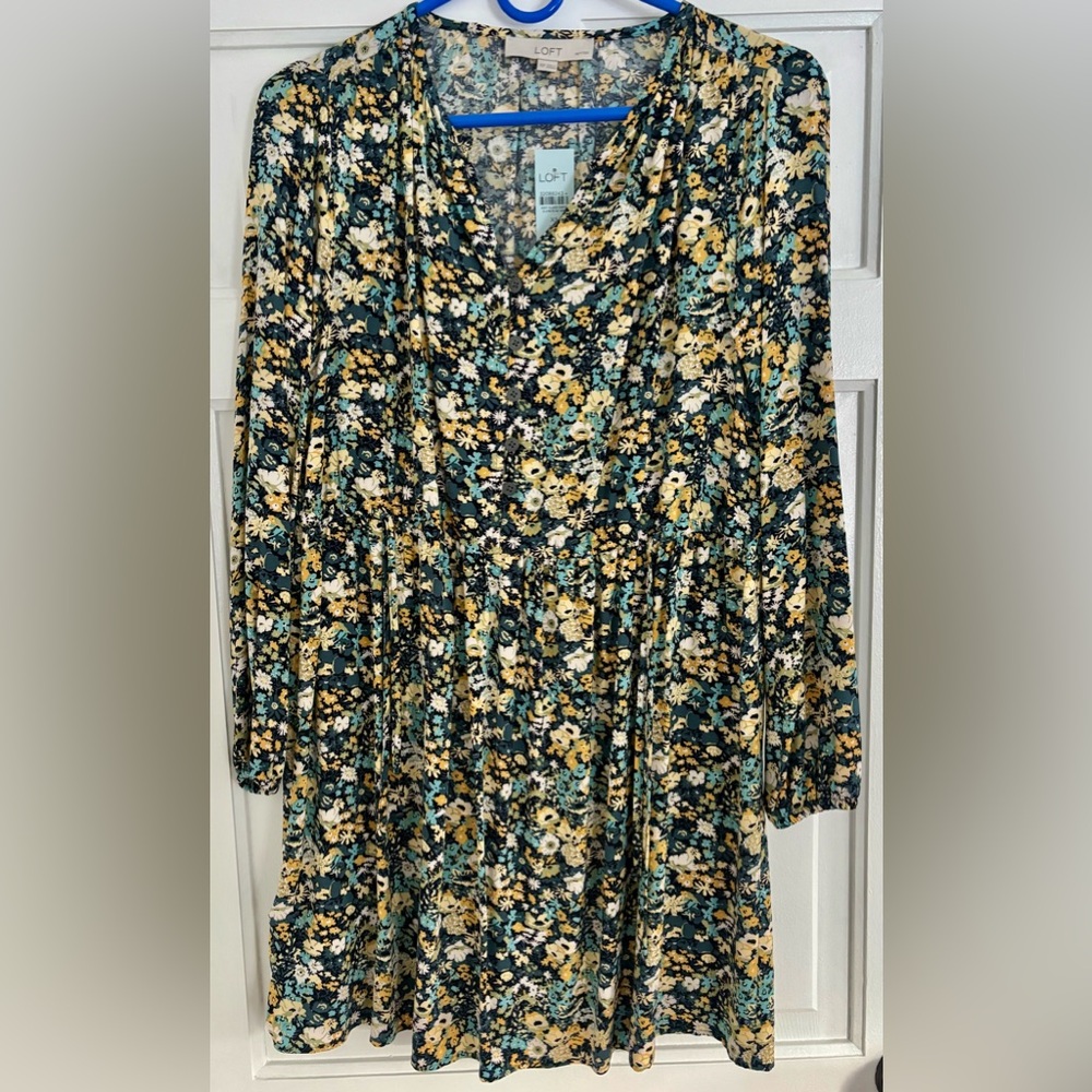 NWT LOFT Floral Button Front Long Sleeve Dress XSP Petite Tiered Boho Midi - Picture 2 of 3
